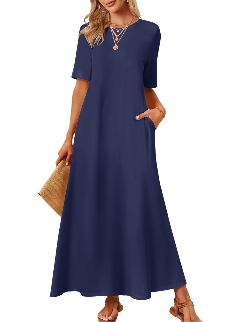 Women's Navy Summer Casual Maxi Dress Vacation Crew Neck Short Sleeve Dress